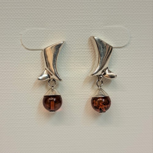 HWG-2386 Earrings Posts with Dangle, Round Amber Balls $33 at Hunter Wolff Gallery